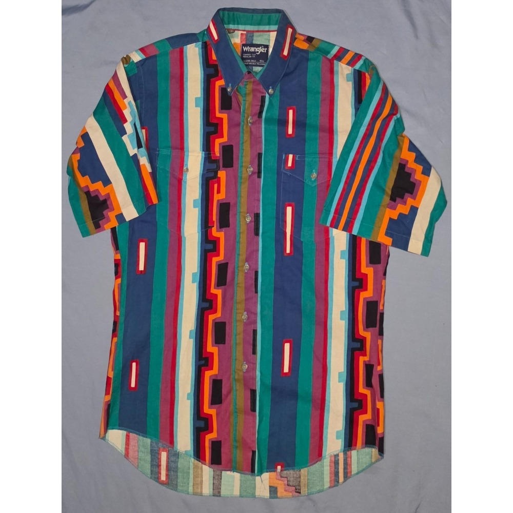 Vtg Wrangler Cowboy Cut Aztec Tribal Western Button-Up Shirt Sz 15.5  XLong Tail